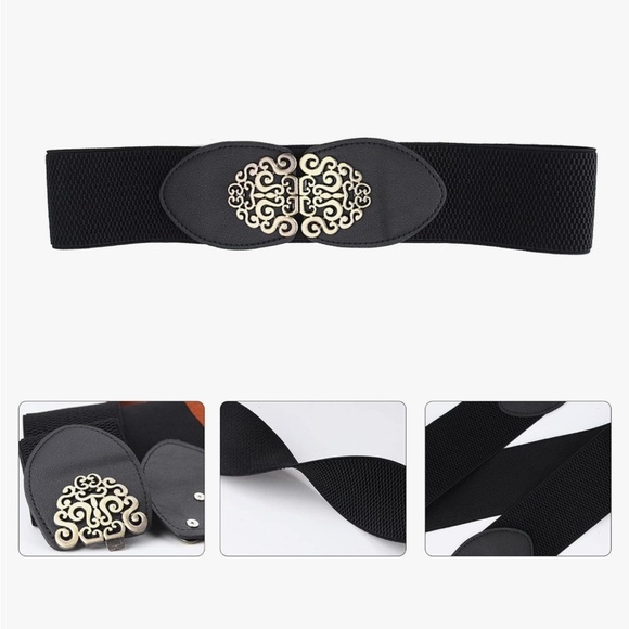 White Elastic Leather Gold Swirl Detail Buckle Wide Belt - Picture 4 of 5